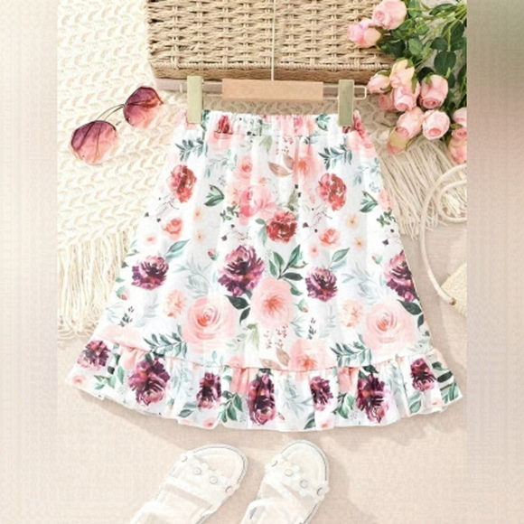 GIRLS Casual Ruffled Flower Print Skirt. - Picture 1 of 5